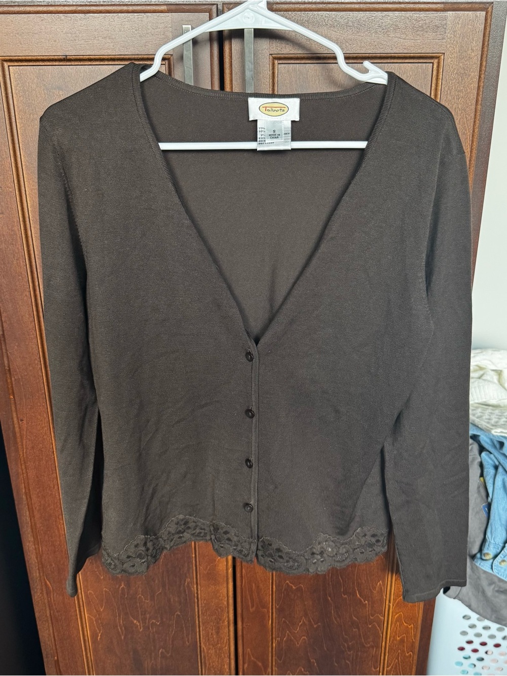 Talbots Vintage Silk Blend Chocolate Brown Lace Hem Cardigan Sweater S